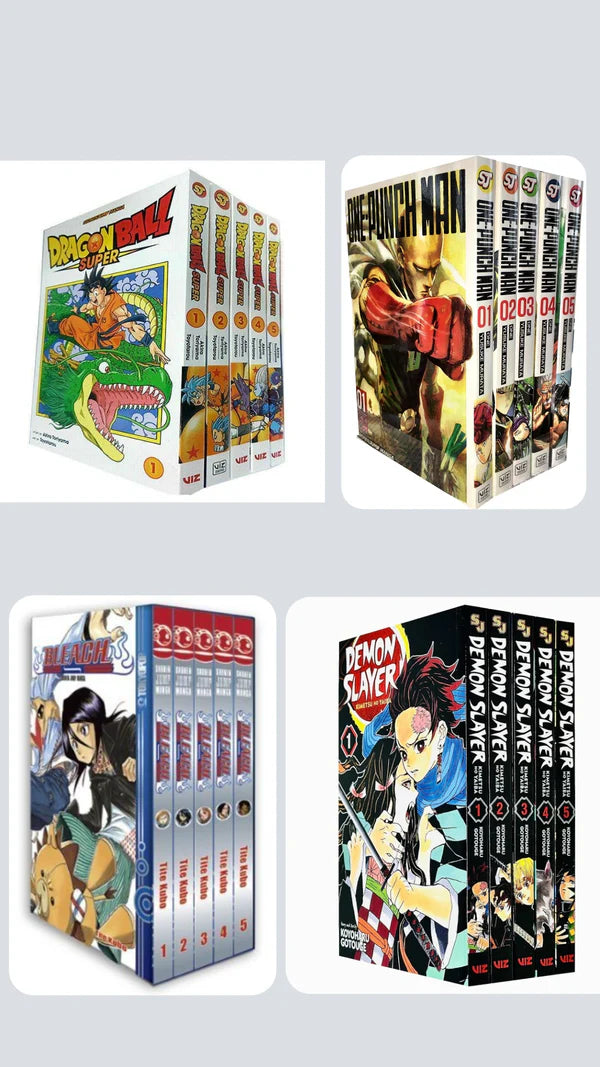 Newbie Essentials Pack — Manga Set (Volumes 1–5) with Bonus Manga Wall Poster Demon slayer vol 1-5 || Bleach 1-5 || One Punch man 1-5 || Dragon Ball 1-5 Super combo
