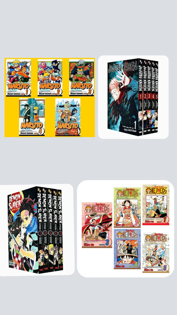 💥 Beginner’s Battle Bundle — Manga Set (Volumes 1–5) 💥 With Bonus Manga Wall Framed Poster! Demon Slayer 1-5 || Jujutsu Kaisen 1-5 ||  Naruto 1-5 || One Piece 1-5 ( COMBO )